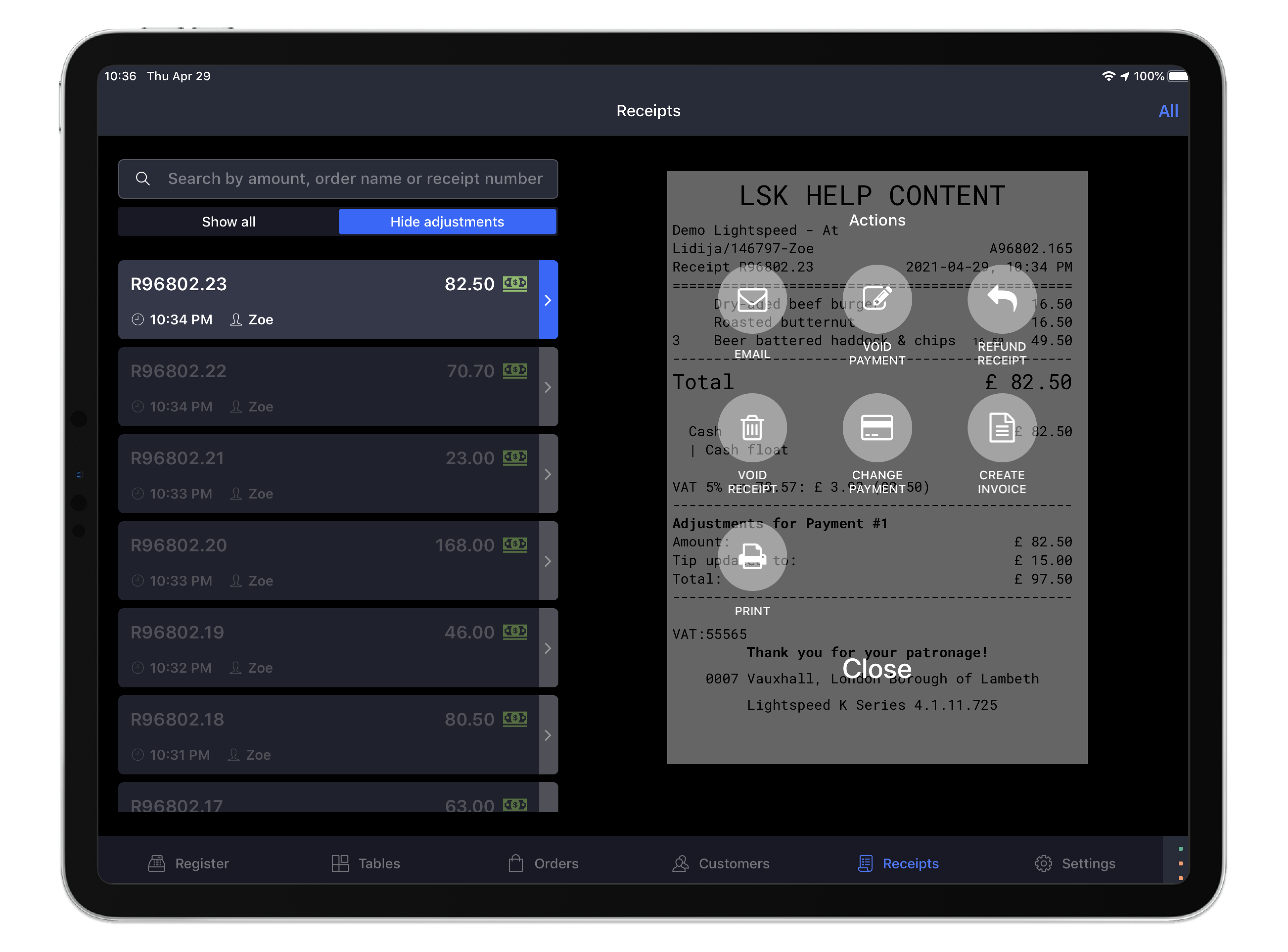 lightspeed onsite customize receipt