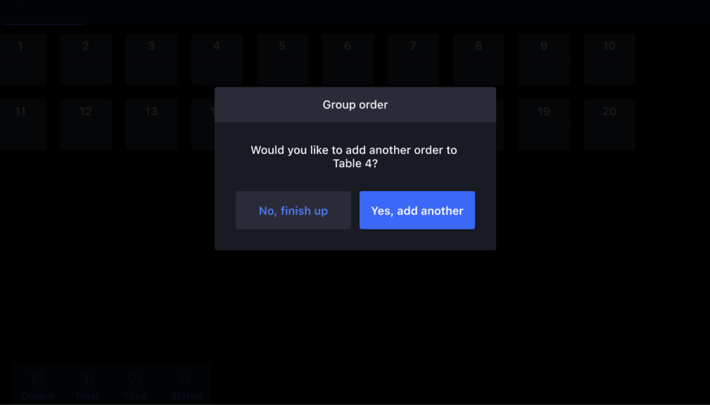 Screenshot of the group ordering prompt asking to add another order to a table.