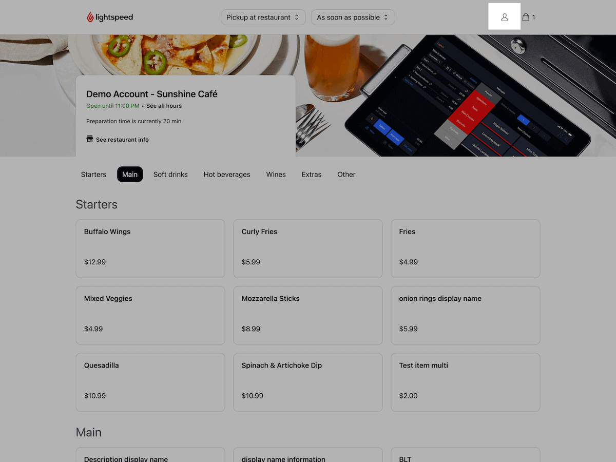 The Order Anywhere ordering page with the profile icon highlighted