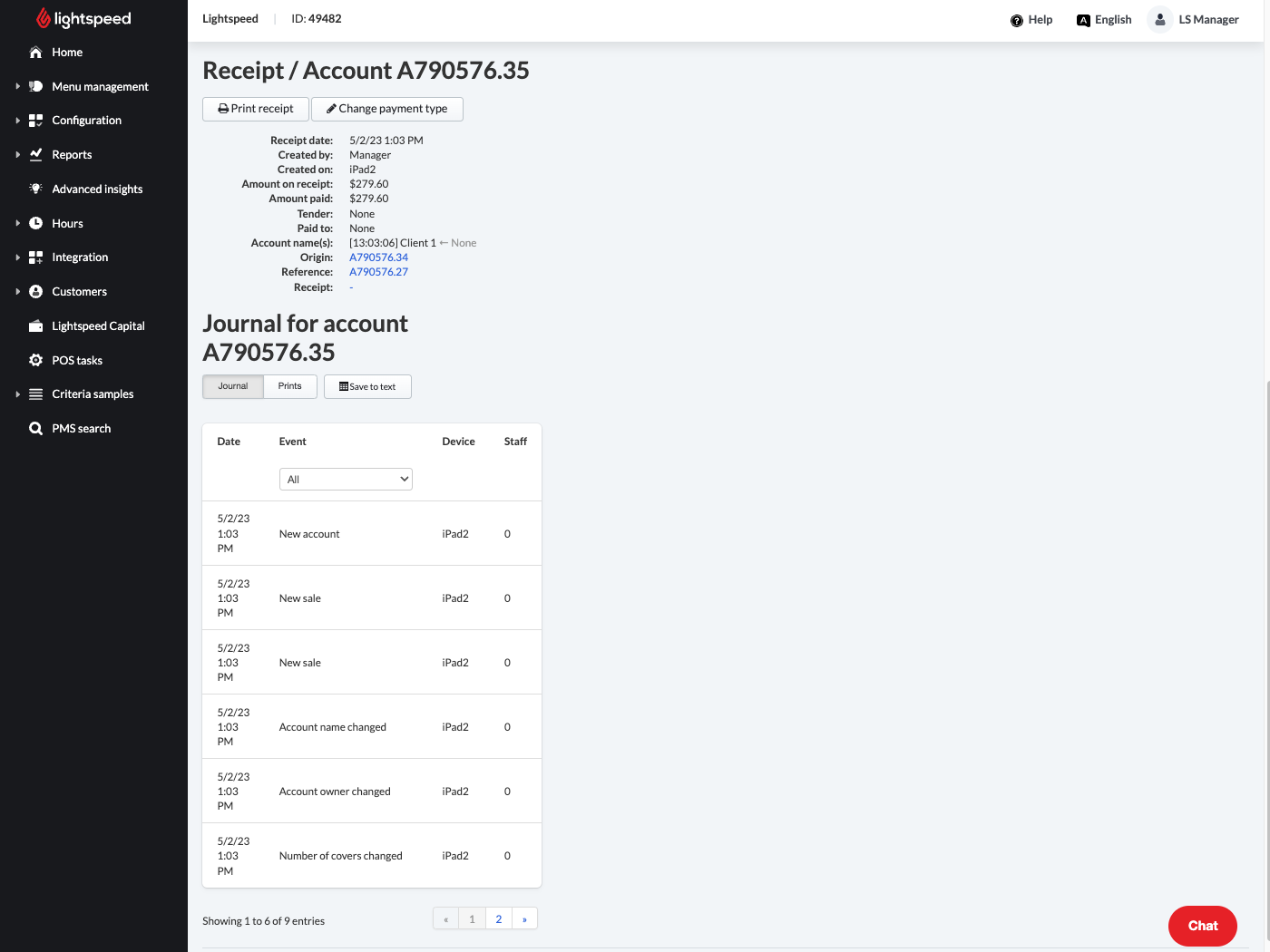 Clicking on a receipt from the Open Accounts report allows you to view more details about the transaction.