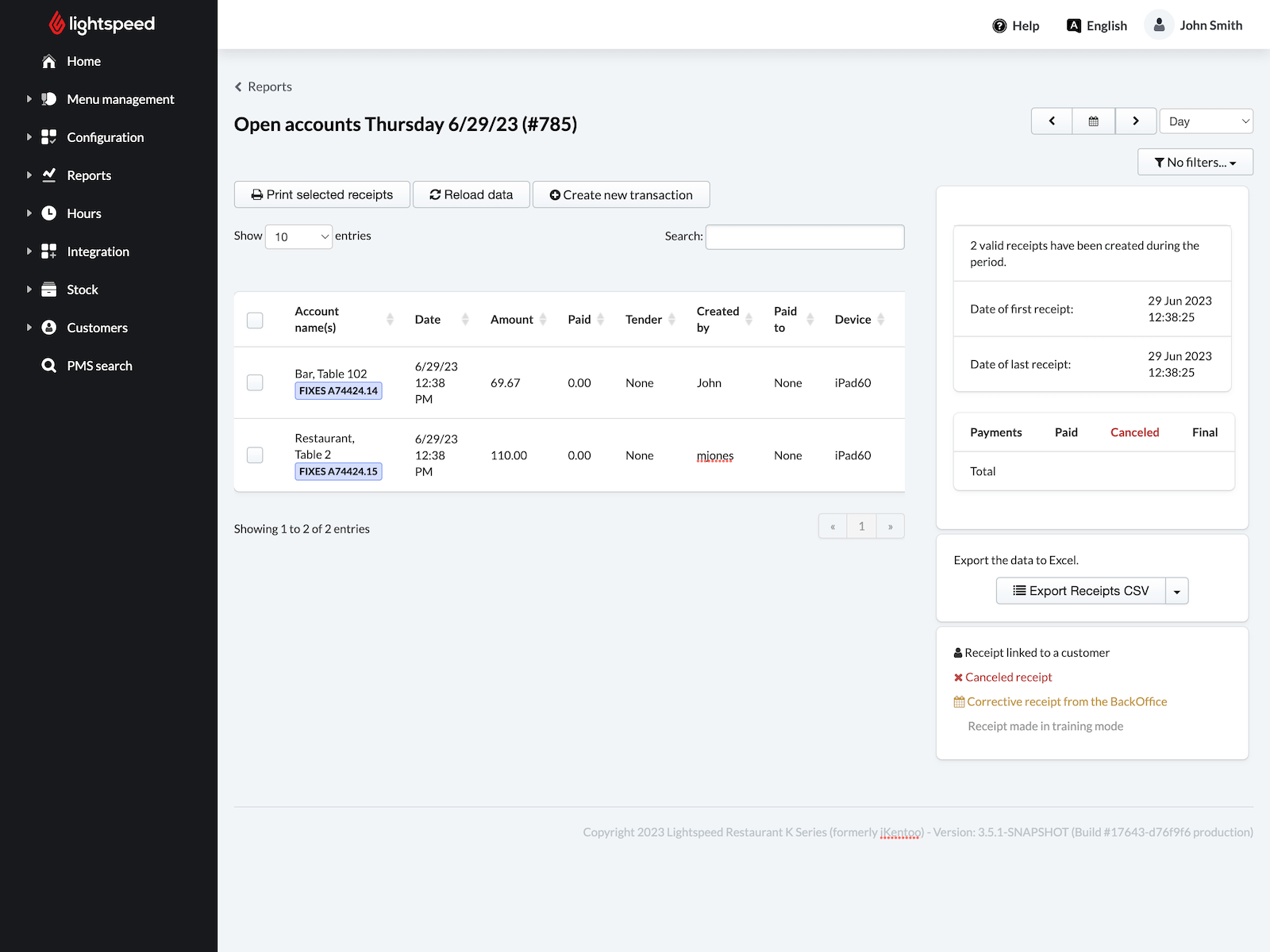 Open Accounts report displaying two open dine-in orders