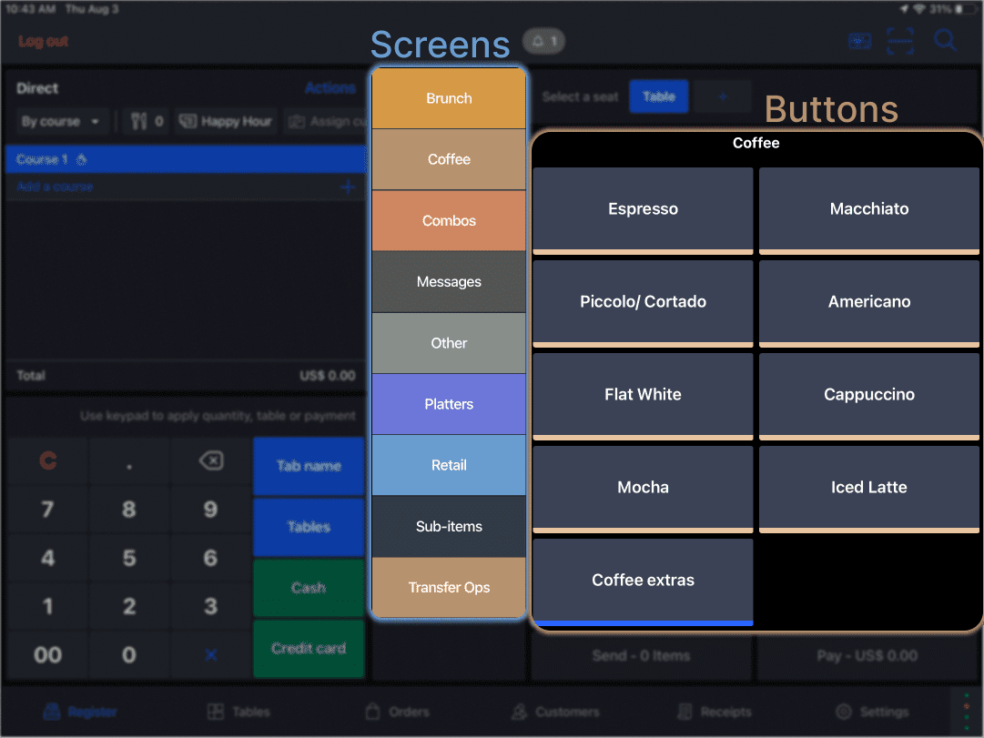 L’écran de commande Restaurant POS avec les écrans et les boutons mis en évidence à l’écran
