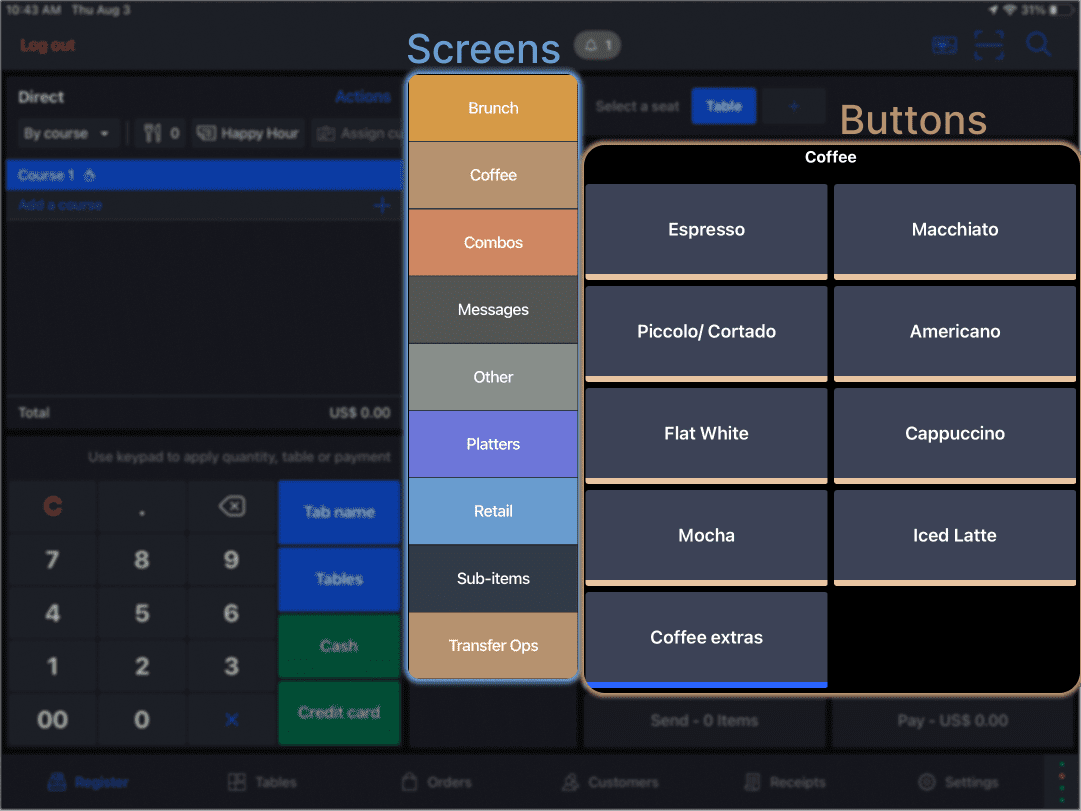 The Restaurant POS ordering screen with screens and buttons highlighted on screen for effect