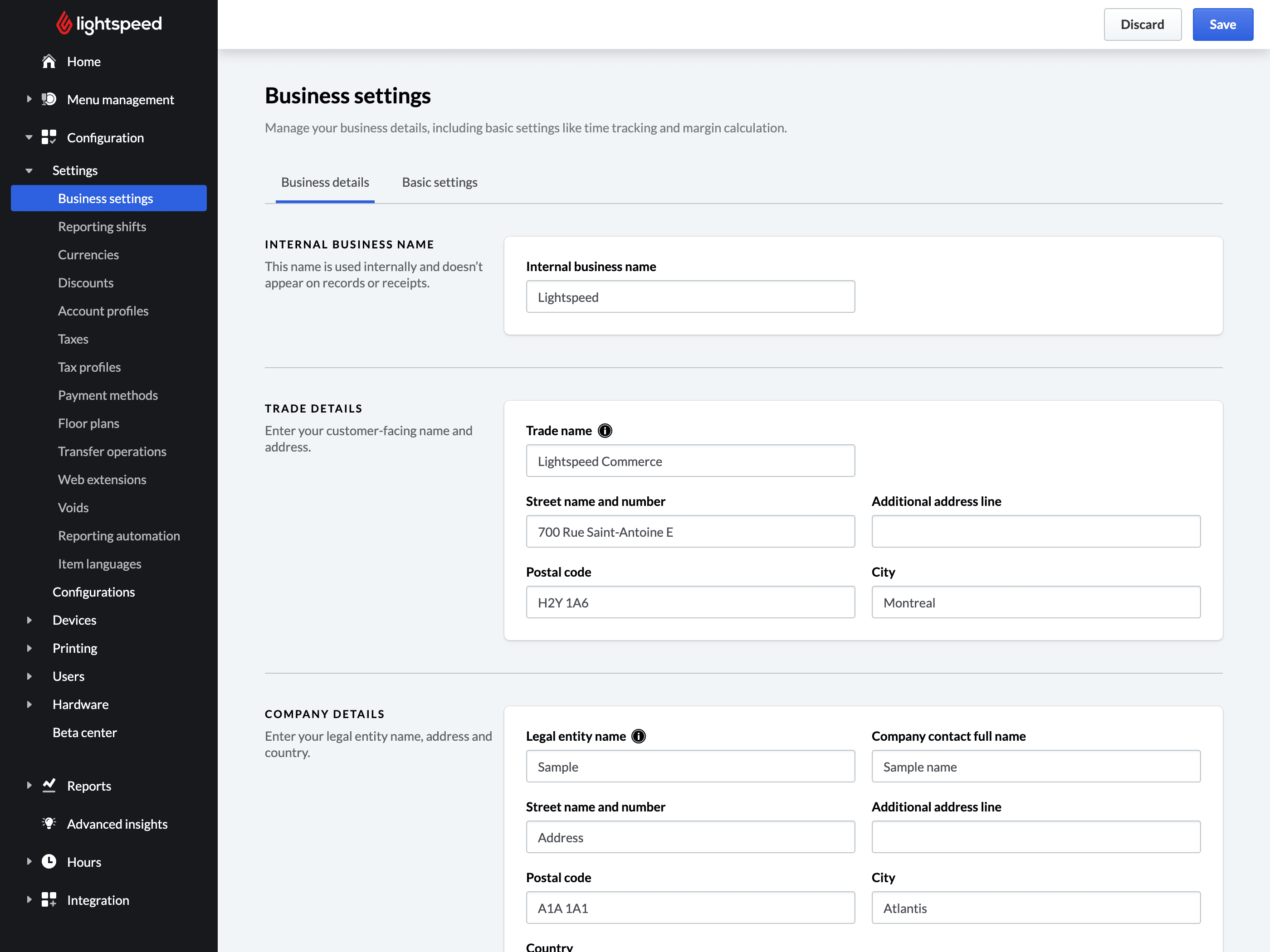 Business settings page in back office