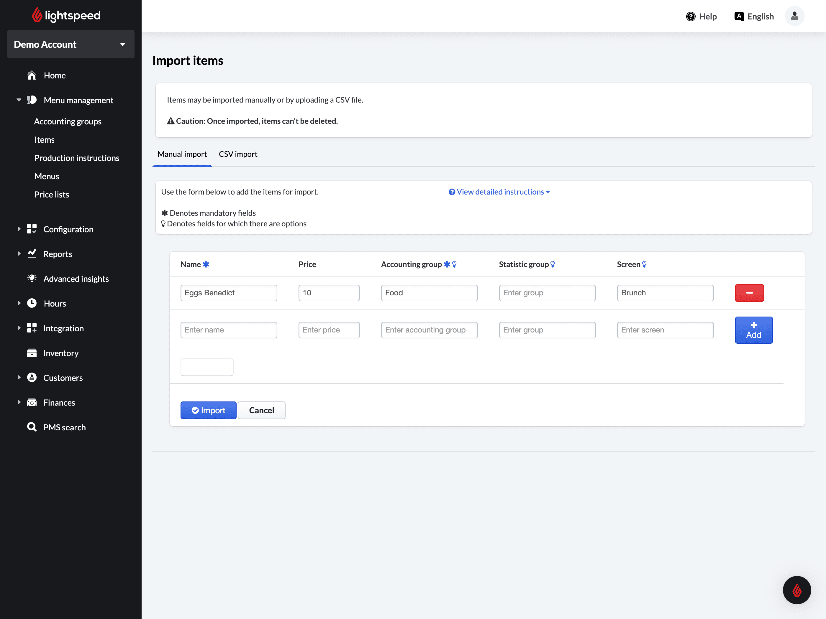 The Back Office 'Import items' page with fields for item information