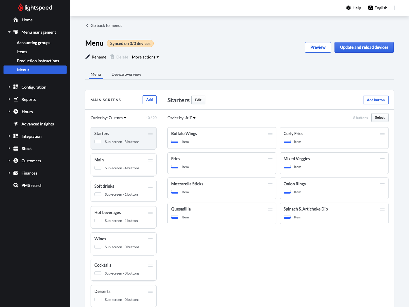 The Back Office menu management screen with a sample menu displayed