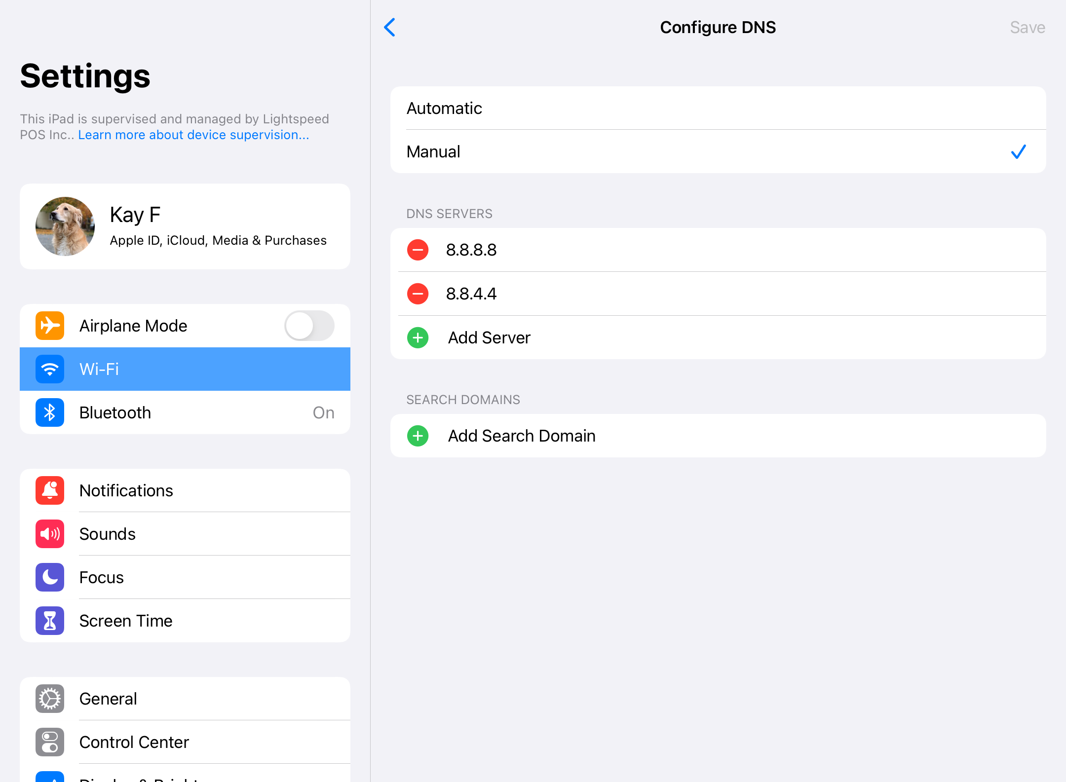 Image shows the DNS Configuration page for iPad. The setting titled Manual has been selected, and the DNS servers 8.8.8.8 and 8.8.4.4 have been added.