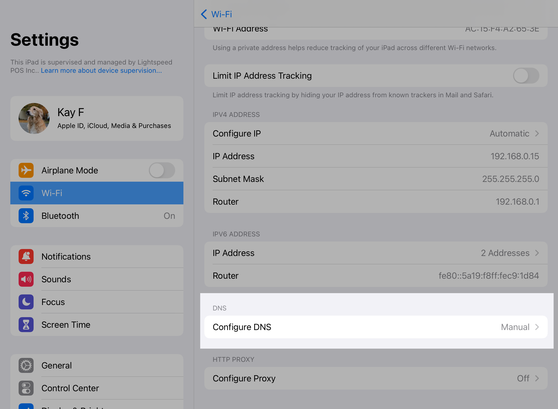 Image shows the Wi-Fi Settings page on iPad. Configure DNS has been highlighted.