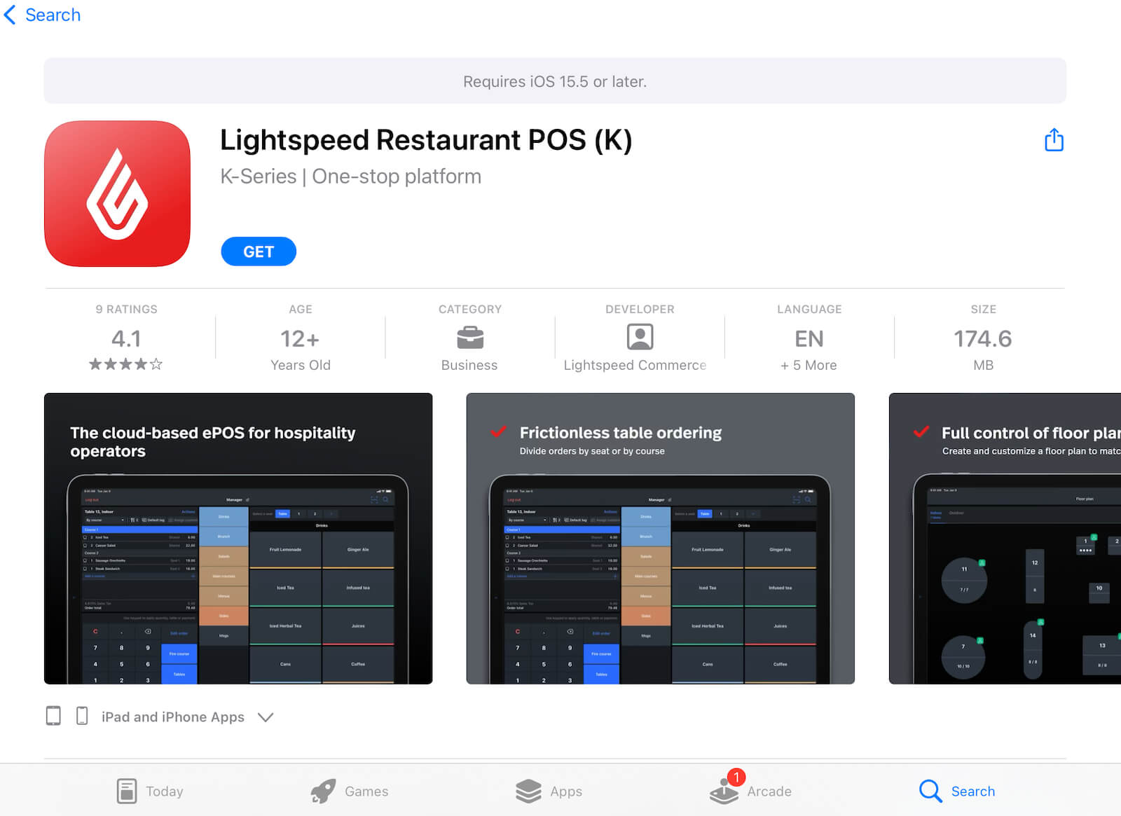 De Lightspeed Restaurant POS (K)-app in de Apple App Store