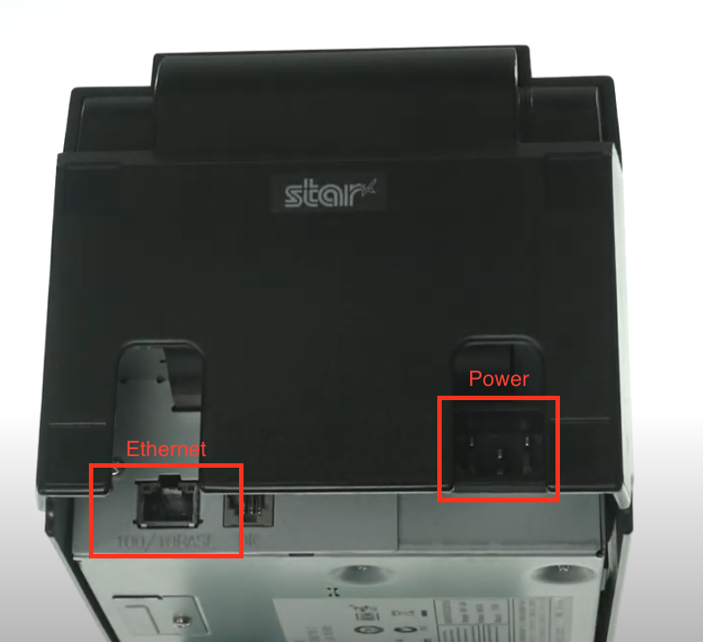 Ports d’alimentation et Ethernet de l’imprimante Star SP 700
