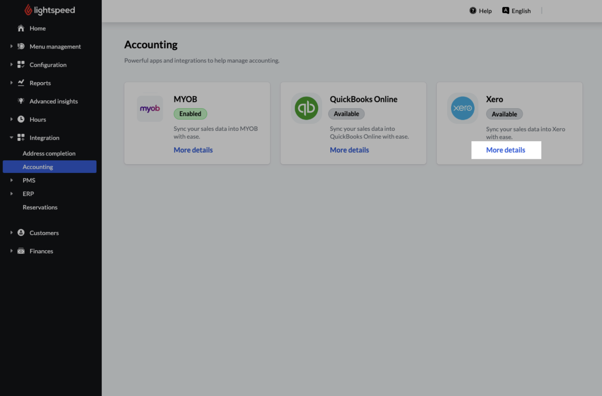 Accounting integrations page with More details highlighted on the Xero tile