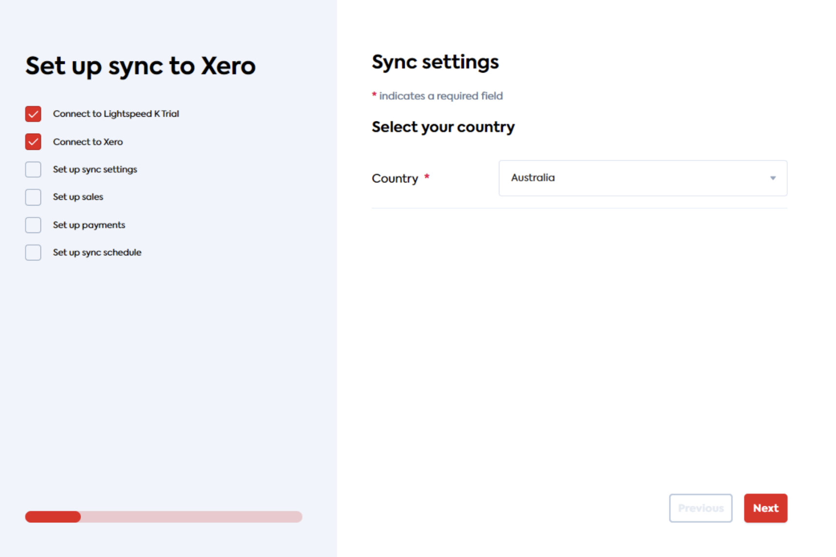 Sync settings page with drop-down menu for country selection