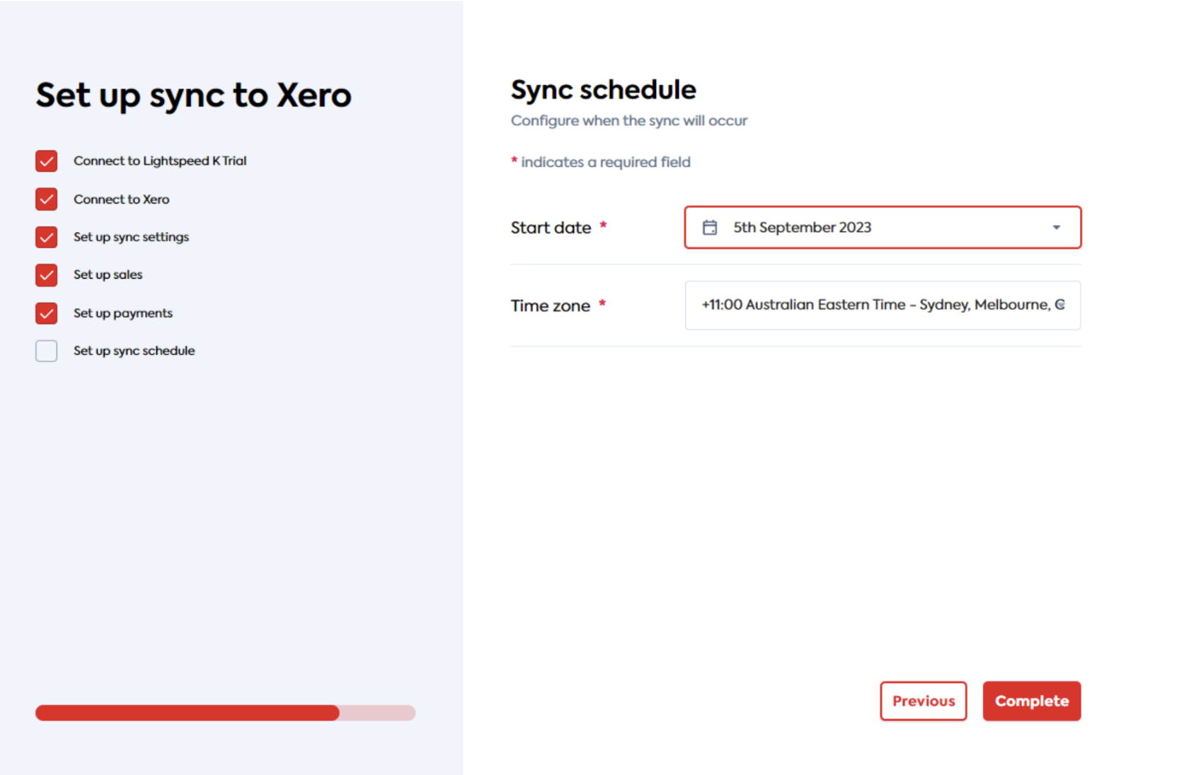 Sync schedule page with drop-down menu for start date and time zone