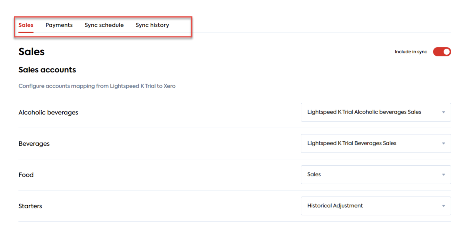 Sales sync settings page