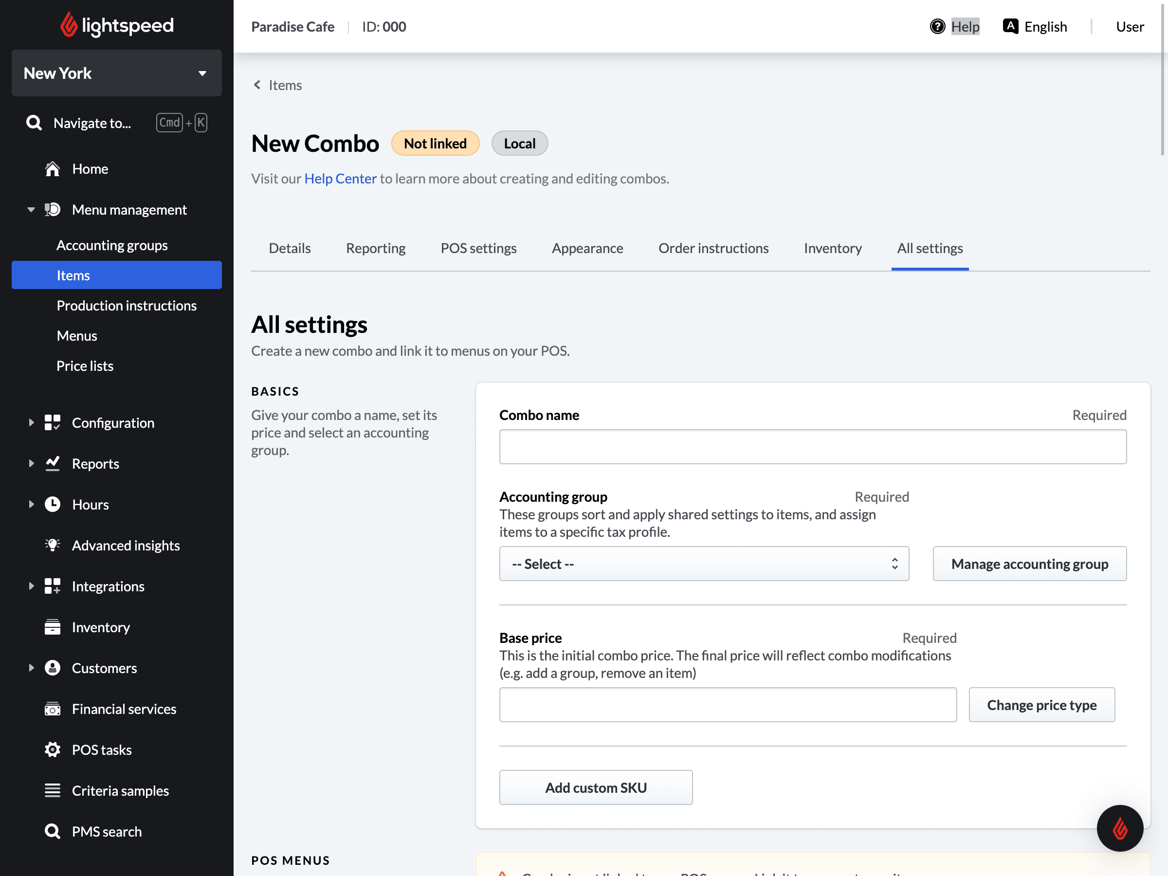 Page to view all combo settings at once