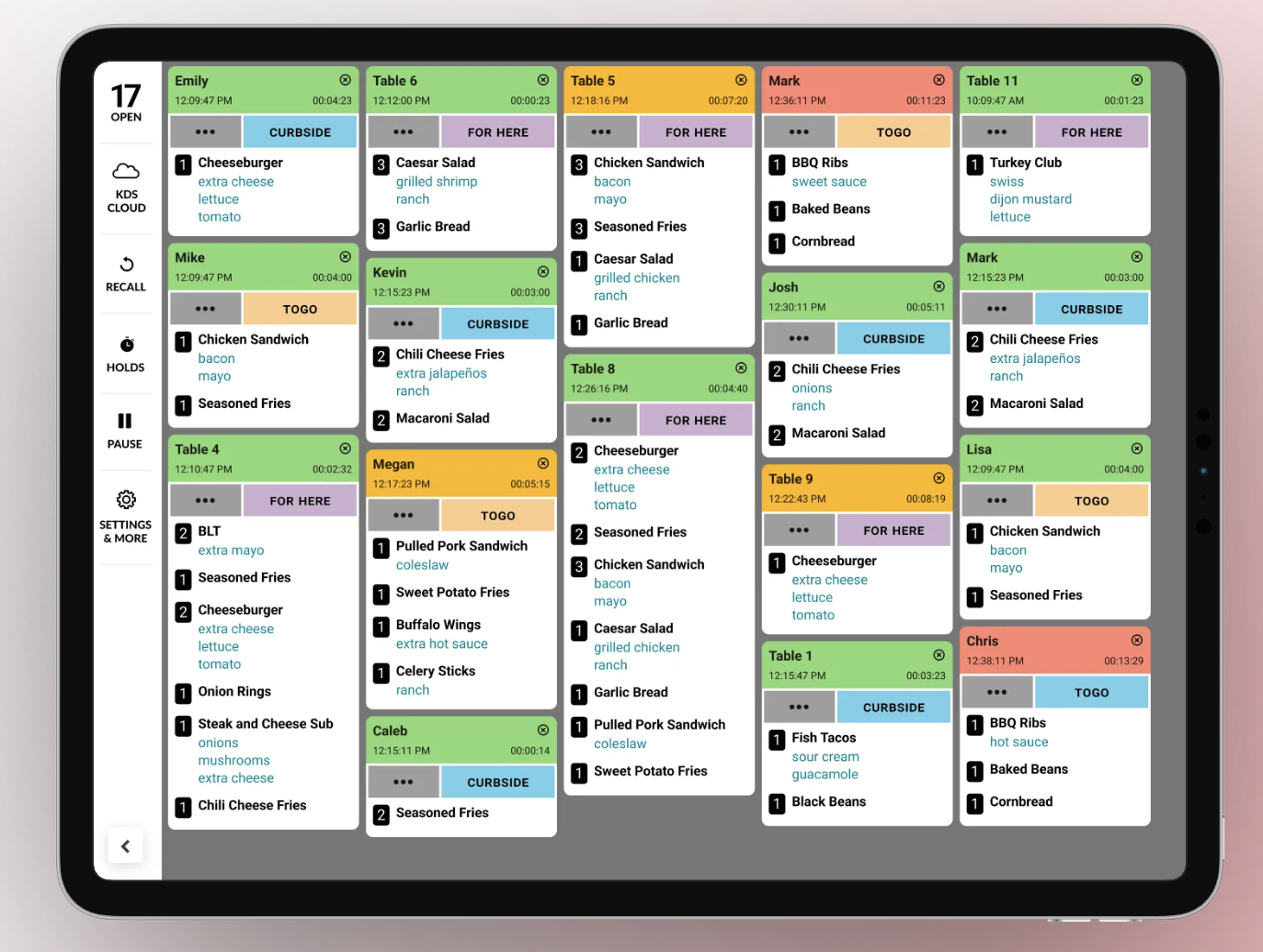 Fresh KDS order layout screen full of example orders, like three chicken sandwiches for table 5.