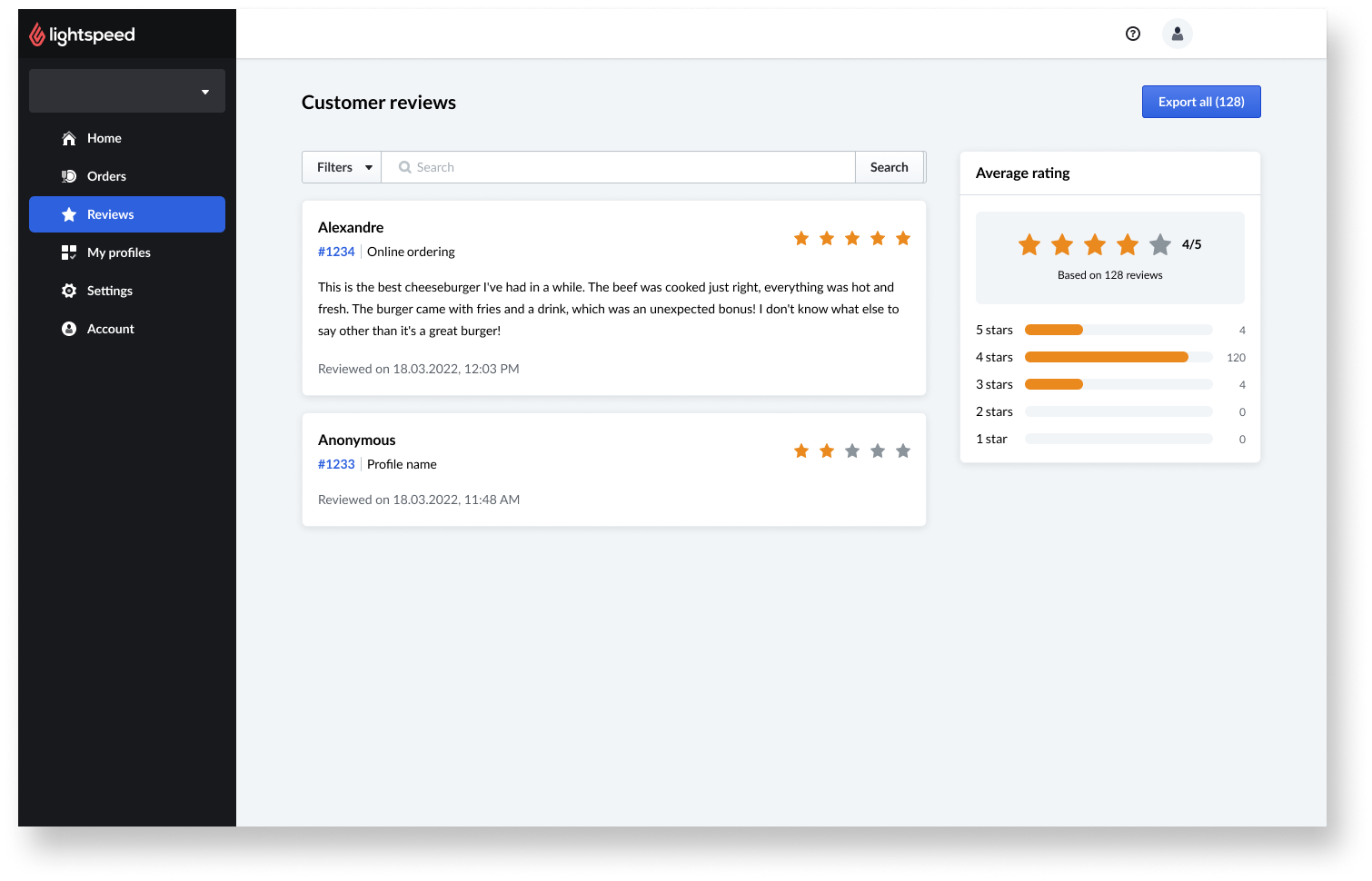 Order Anywhere reviews page with a couple of example reviews.