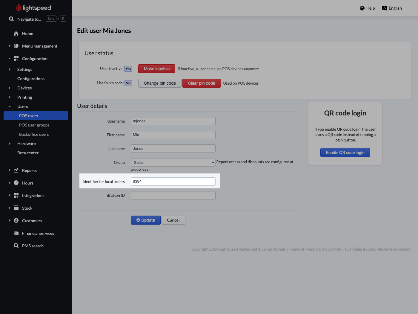 De backoffice-pagina 'Gebruiker bewerken' met het veld 'ID voor lokale bestellingen' gemarkeerd.