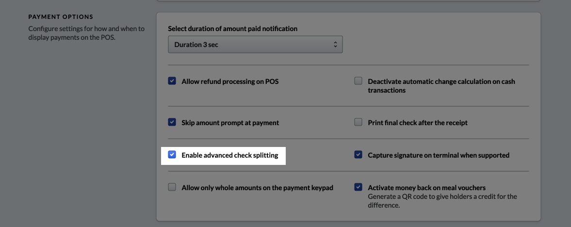 L’option Activer la fonctionnalité de partage de facture avancée est activée
