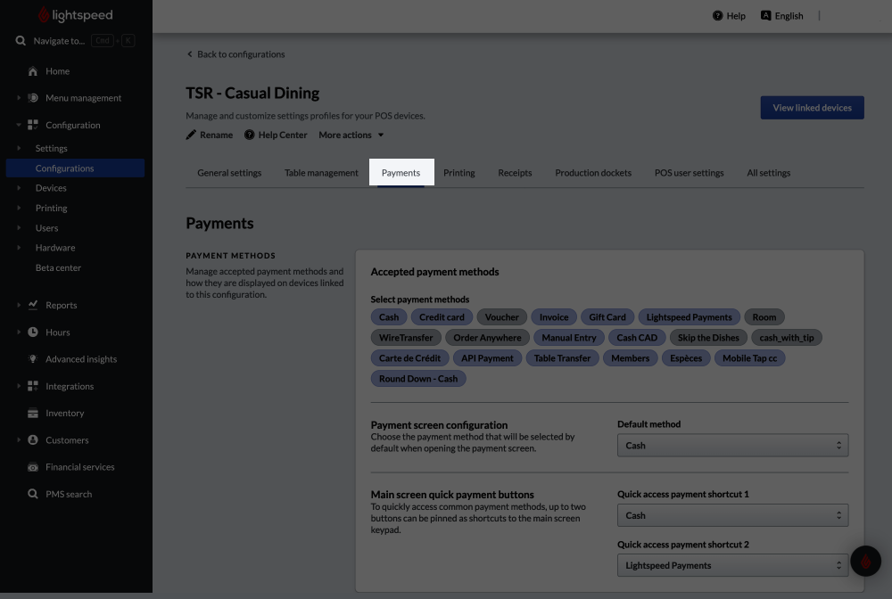 Payments screen
