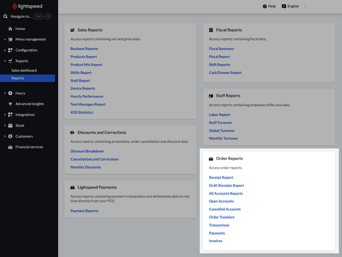 Image displays the home page for reports in the Lightspeed Restaurant Back Office. The section titled 'Order reports' has been highlighted.