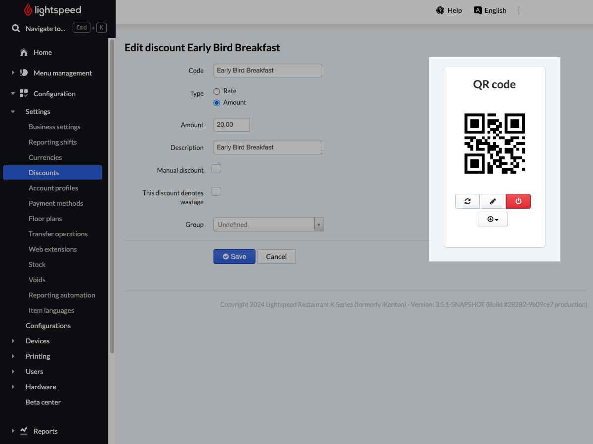 Image displays the main settings page for creating or editing a discount in Lightspeed Back Office. The section titled 'QR code' has been highlighted, with a scannable QR code now visible.