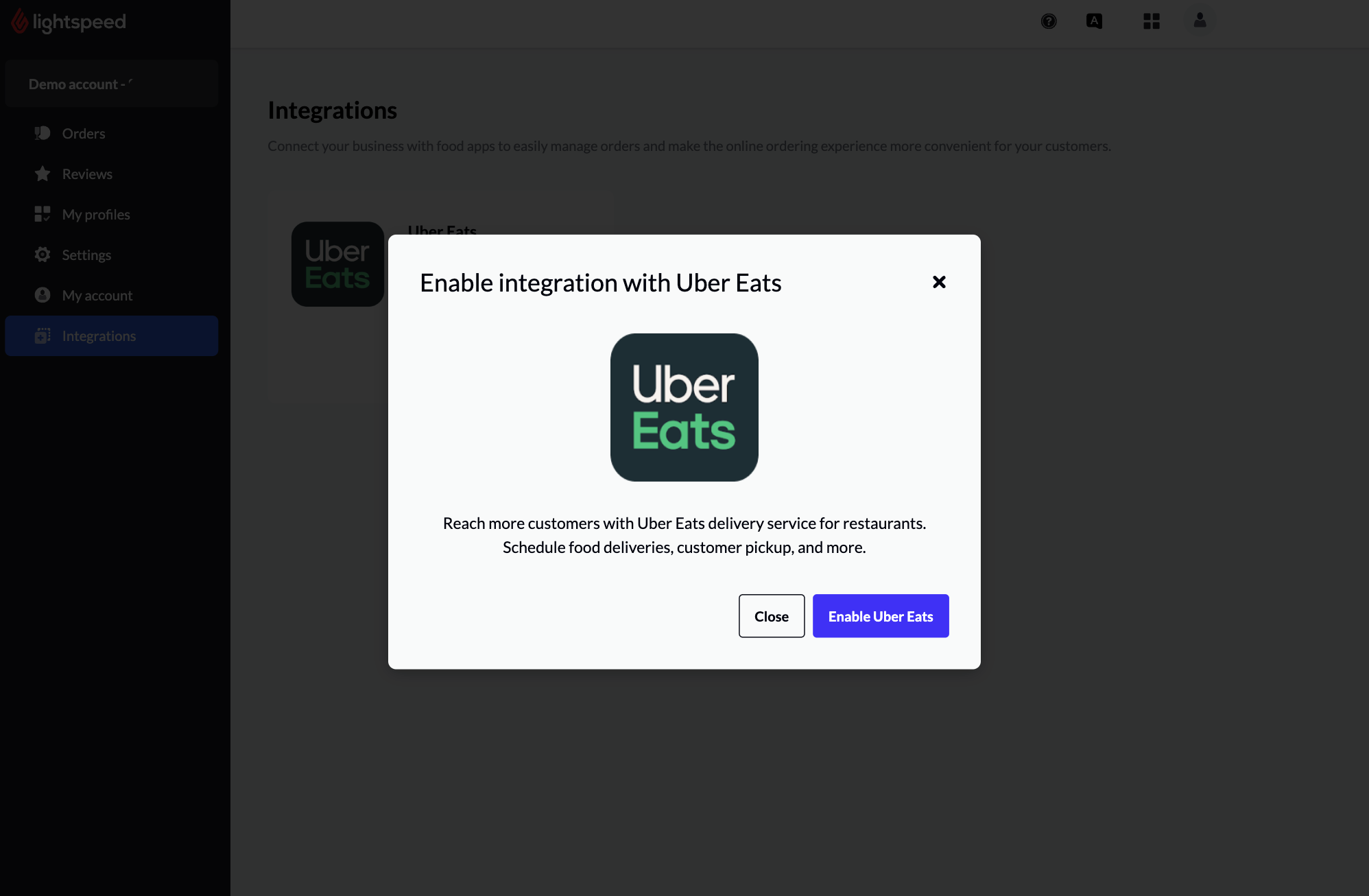 Fenêtre d’activation d’Uber Eats