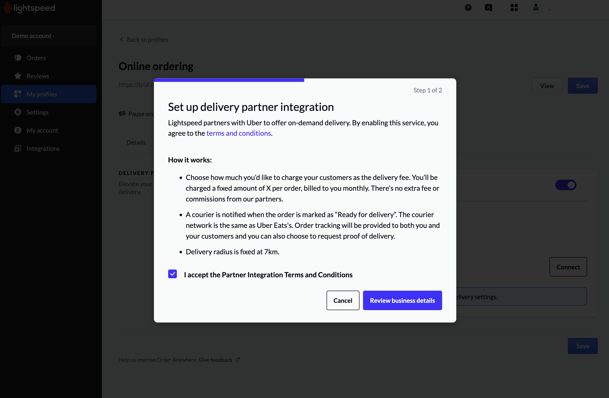 Écran de configuration de l’intégration partenaire de livraison Uber Direct