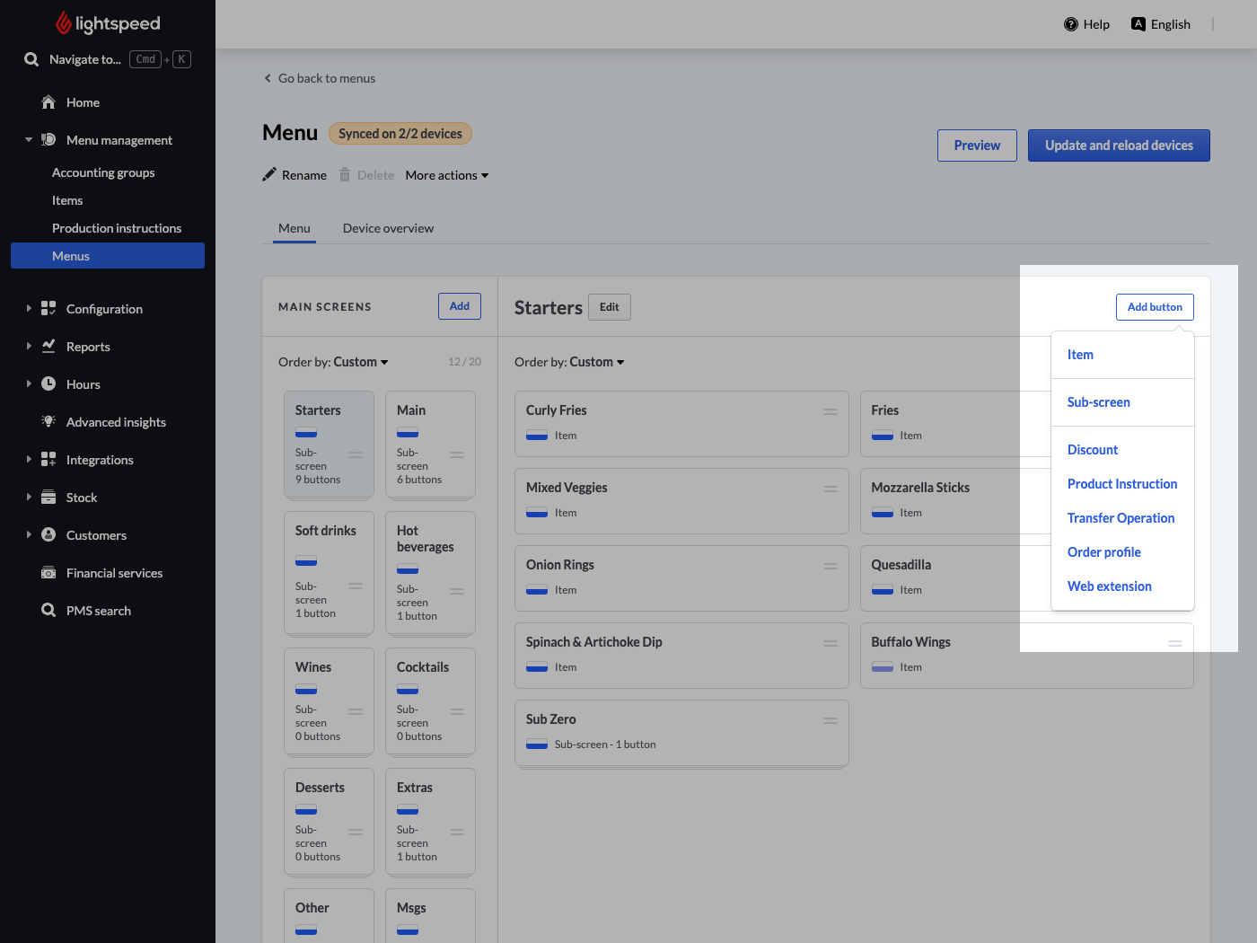 Die Menüseite mit dem hervorgehobenen Dropdown-Menü „Schaltfläche hinzufügen“.