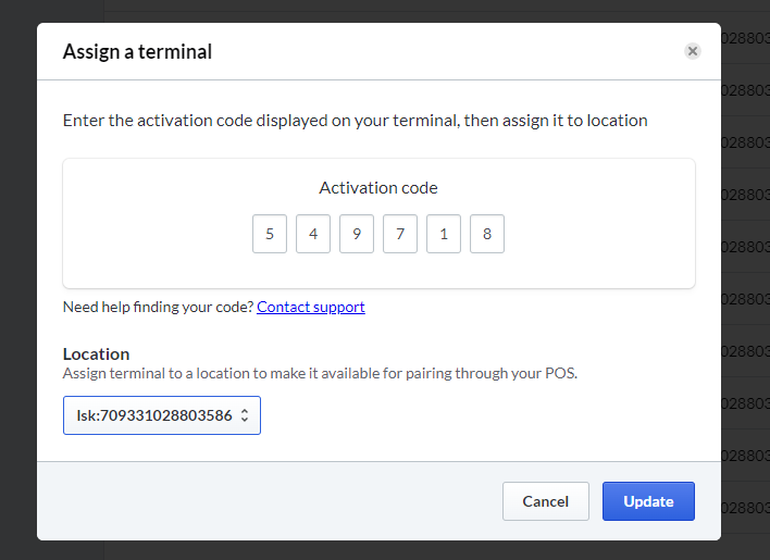 Image displays a pop-up module titled 'Assign a terminal'