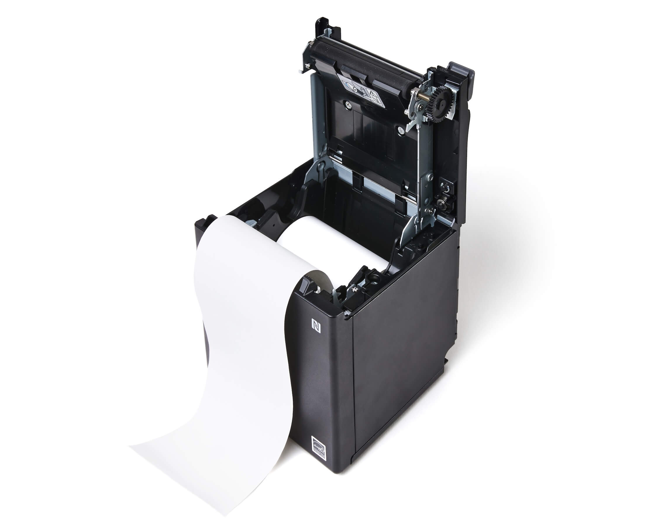 TM-m30II printer with paper loaded and cover open.
