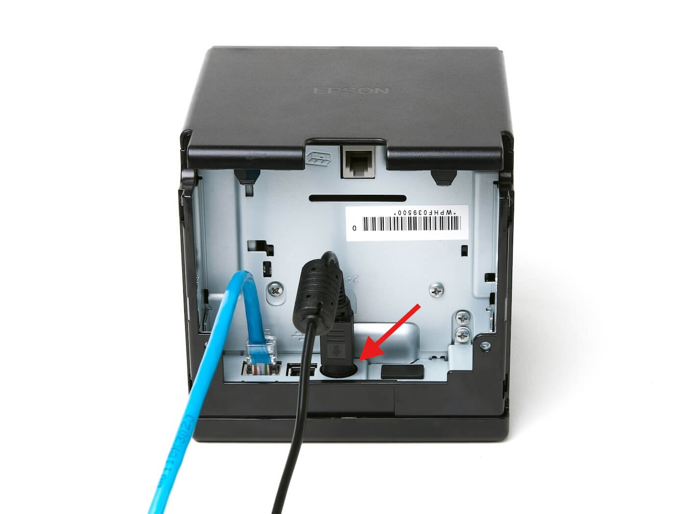TM-m30II printer with annotation highlighted power cable plugged in.
