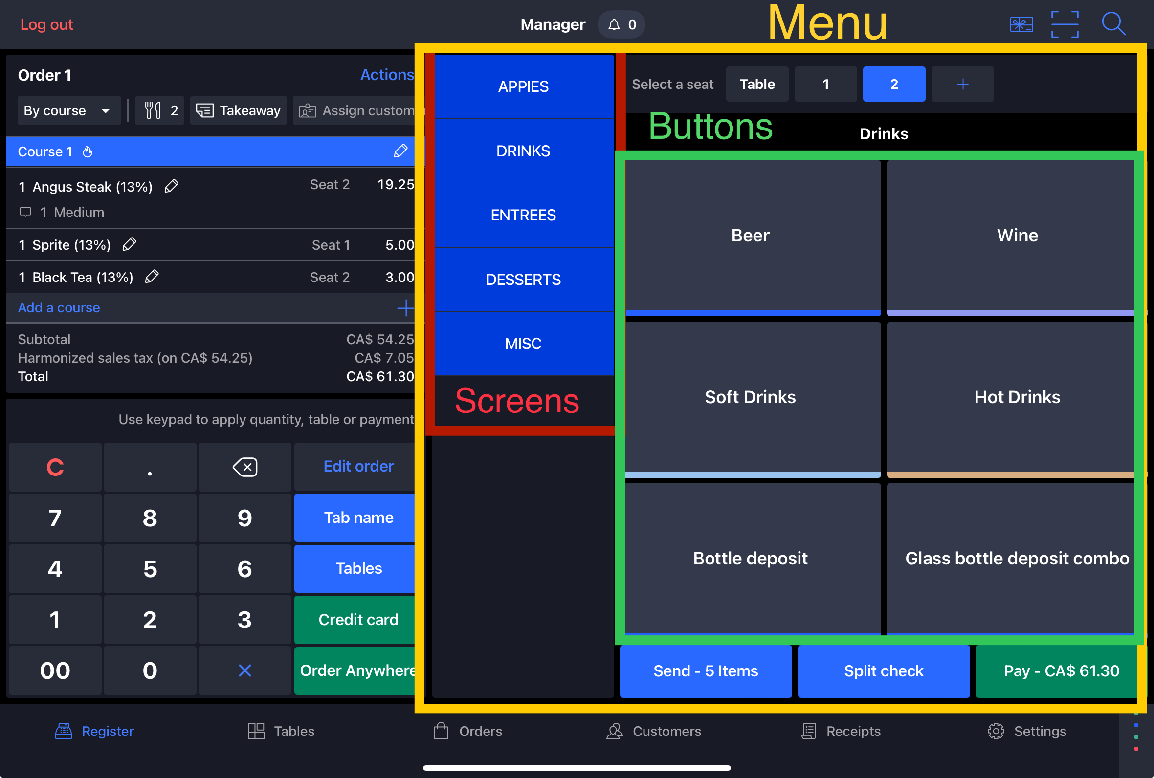 POS showing color coded menu, buttons, and screens