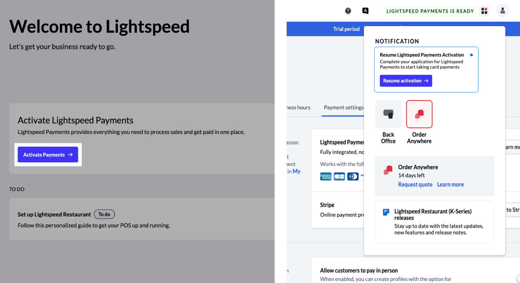 The Payments activation screen side-by-side with the Product Switcher, which shows an approved application status.