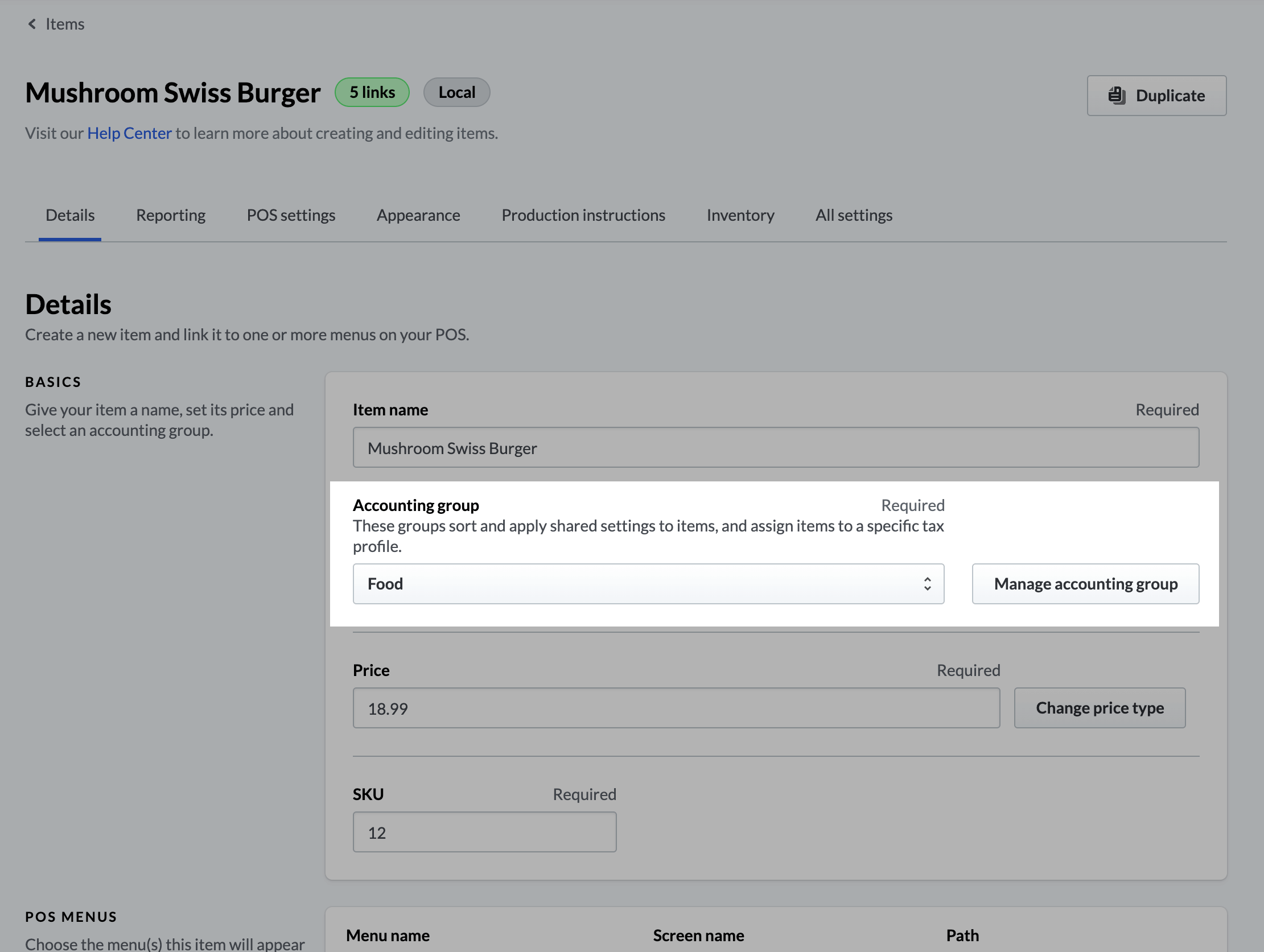 The 'Food' accounting group and 'Manage' button highlighted for the Mushroom Swiss Burger.