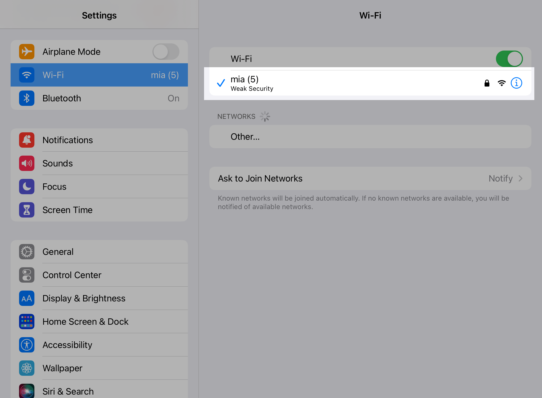 The name of the connected Wi-Fi network highlighted on the Settings screen.