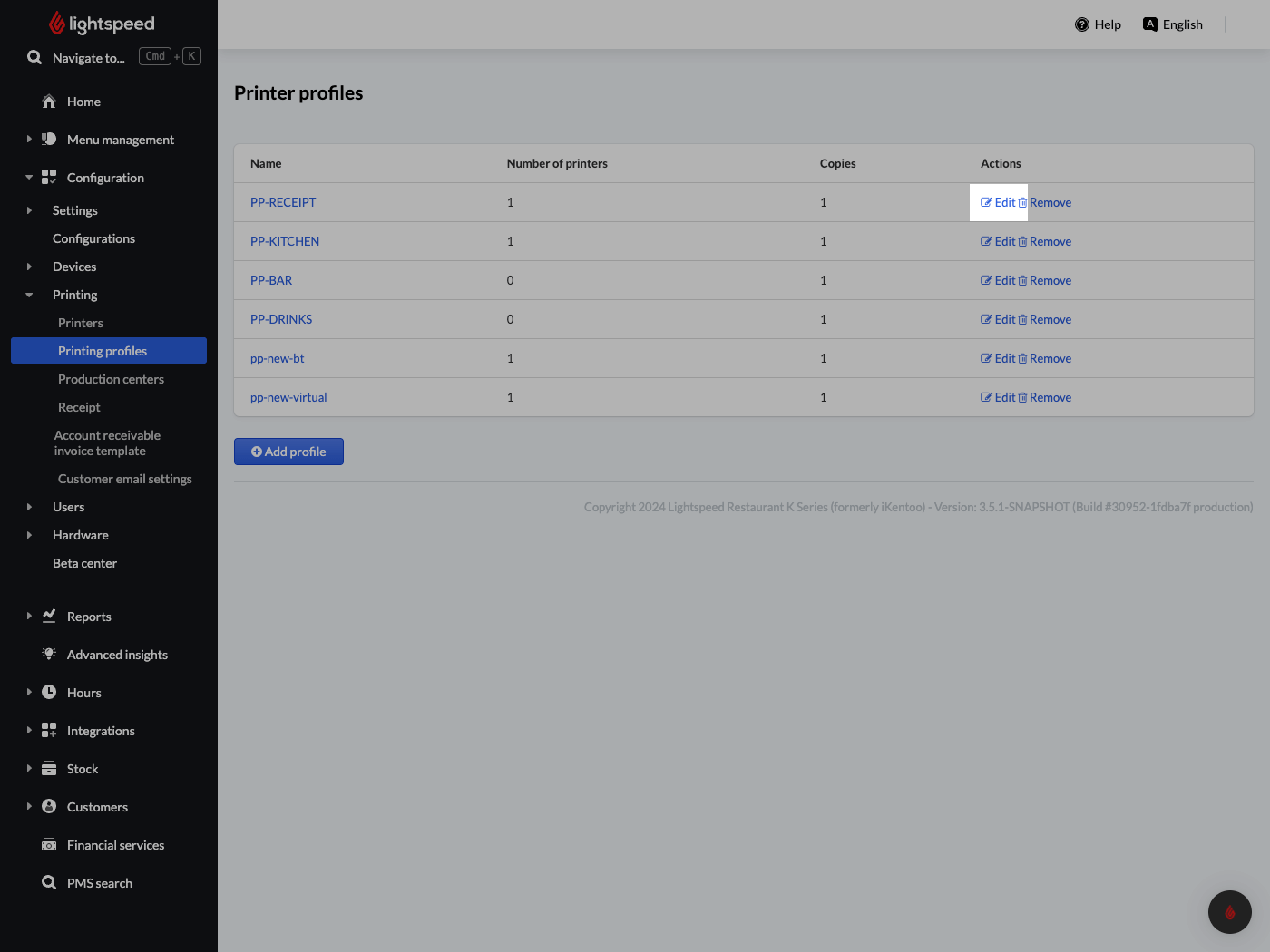 A few printing profiles with the 'Edit' button highlighted next to a profile called 'PP-Receipt'.