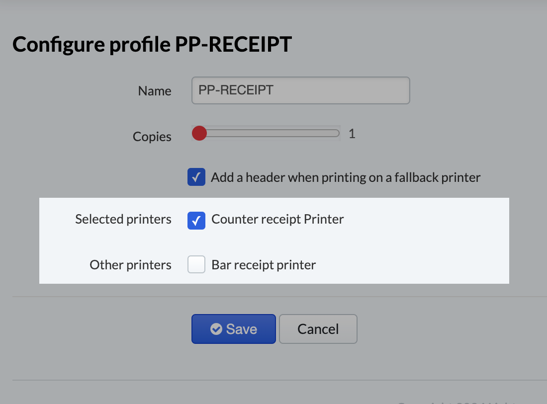 The printing profile's settings with 'Selected printers' and 'Other printers' highlighted. 