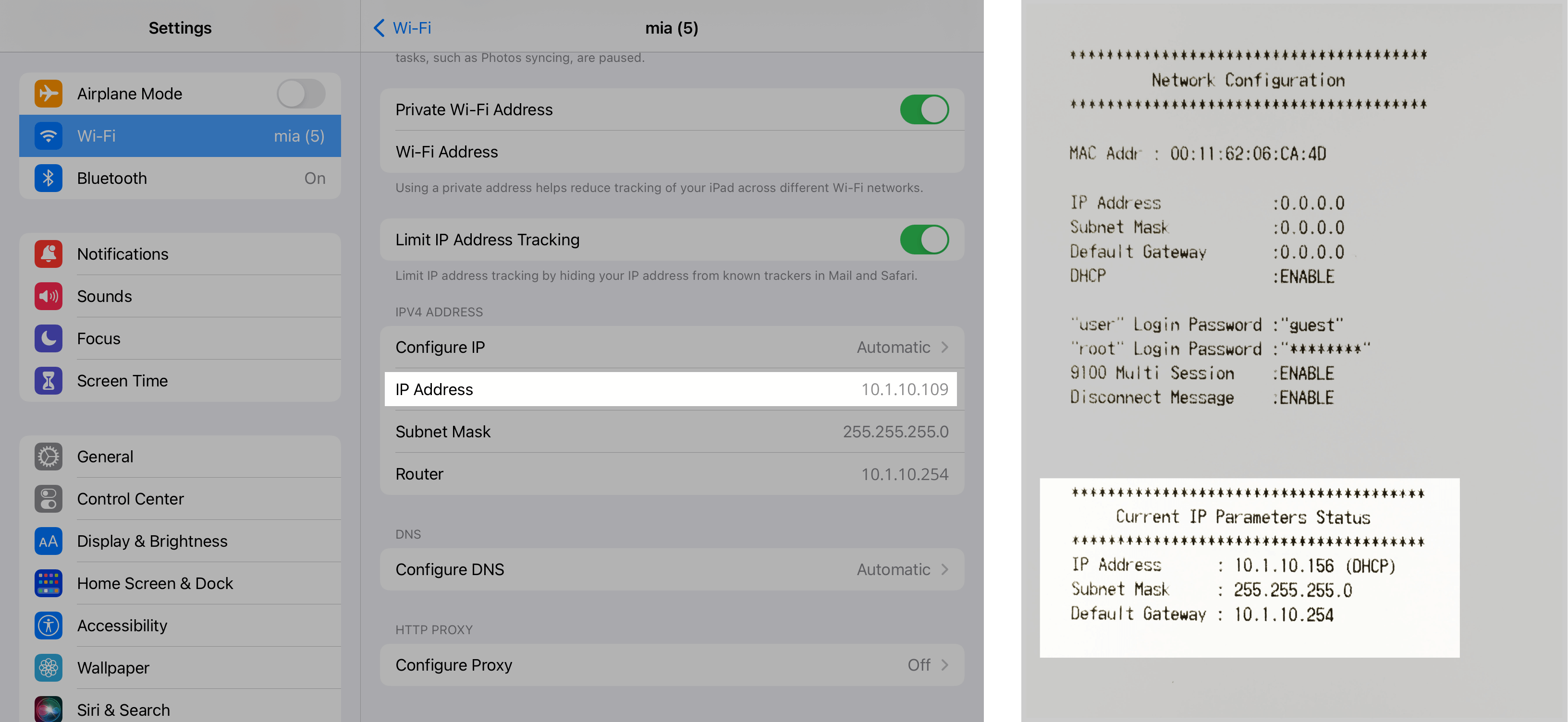 Side by side: The iPad's IP address and printer's IP address, both started with 10.1.10.xx.