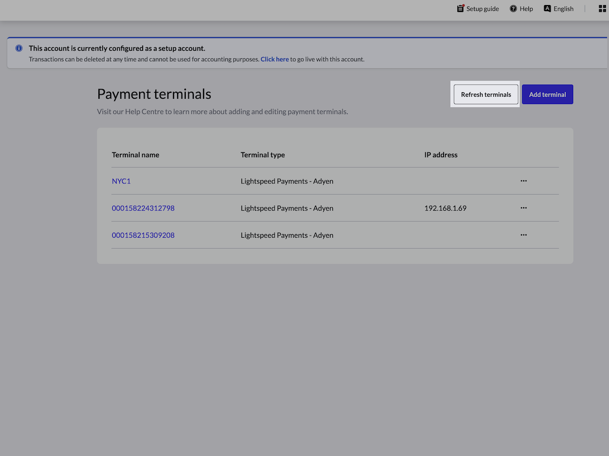 Image displays the Hardware Page in Lightspeed Back Office. The button titled 'Refresh terminals' has been highlighted.