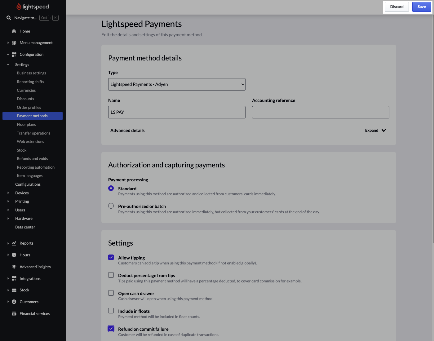 Image shows the details page for the LS PAY payment method. The button titled 'Save' has been highlighted.