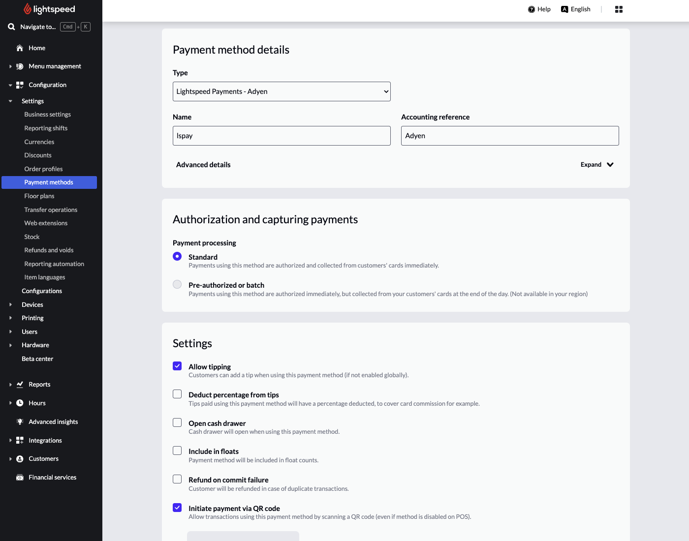 Image shows the details page for the LS PAY payment method. Details listed on this page include the payment method type, the name of the payment method, the accounting reference, and the payment authorization type. Below this tile are the settings available for this payment method.