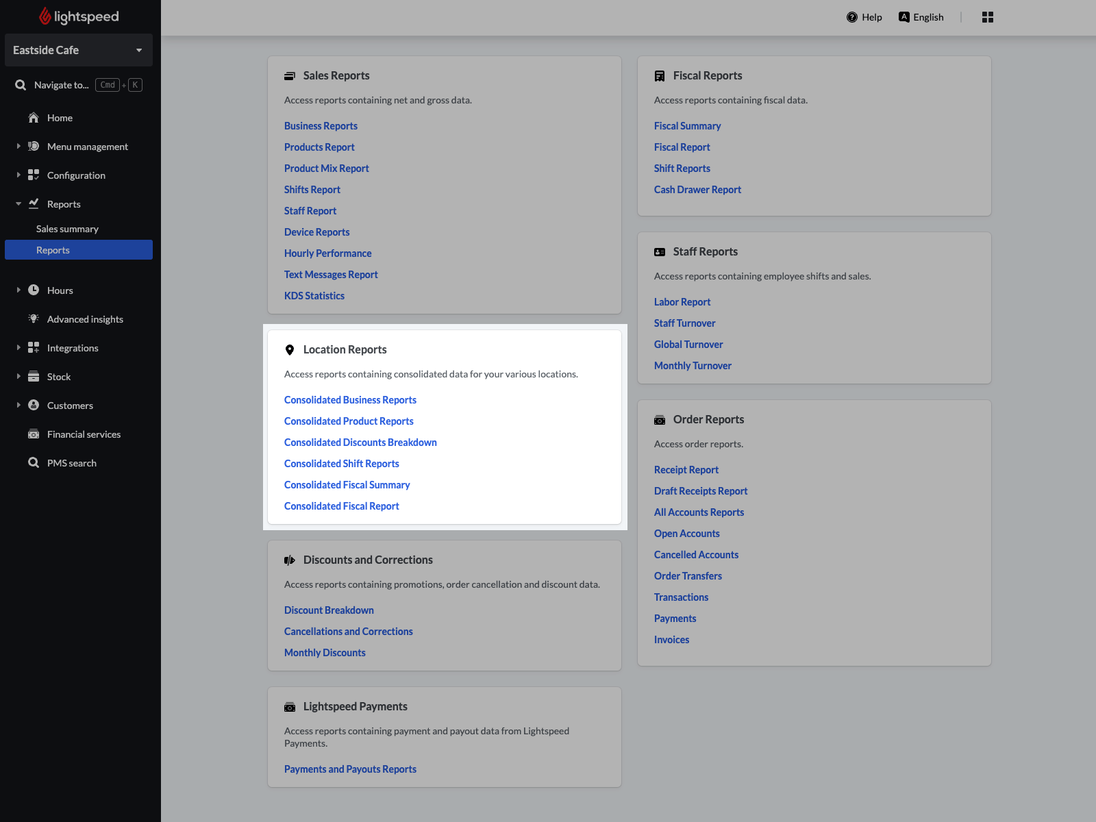 Image displays the Reports page in the Back Office of Lightspeed Restaurant. The section titled 'Location reports' has been highlighted.