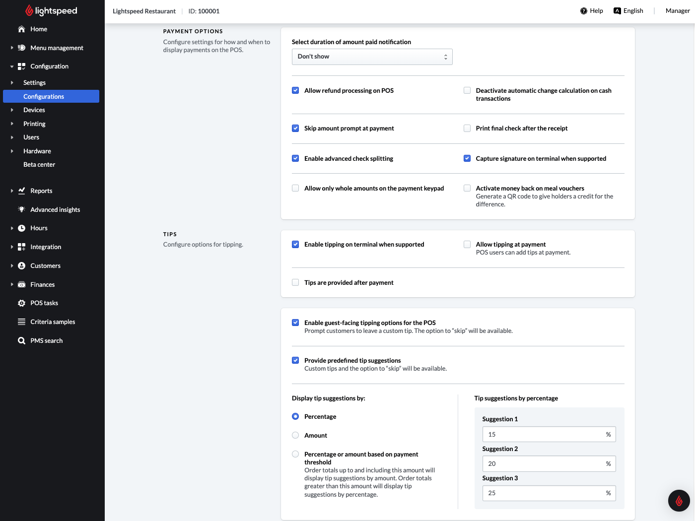 Die Zahlungskonfigurationsseite im Lightspeed Restaurant Backoffice. Es werden mehrere Einstellungen angezeigt, einschließlich Anpassungsoptionen für das Trinkgeld