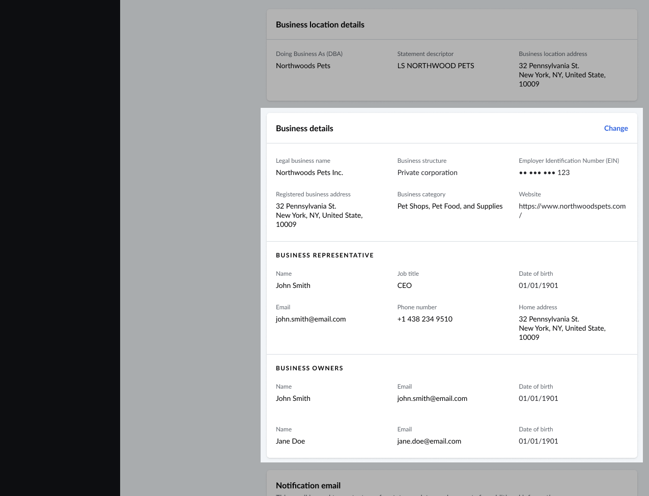 L’image présente l’onglet Paramètres de la section Gestion financière. La section Détails de l’entreprise est mise en évidence.