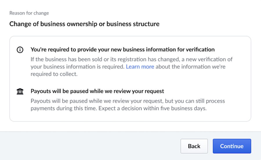 L’image présente une fenêtre contextuelle qui confirme la modification du propriétaire ou de la structure de l’entreprise.