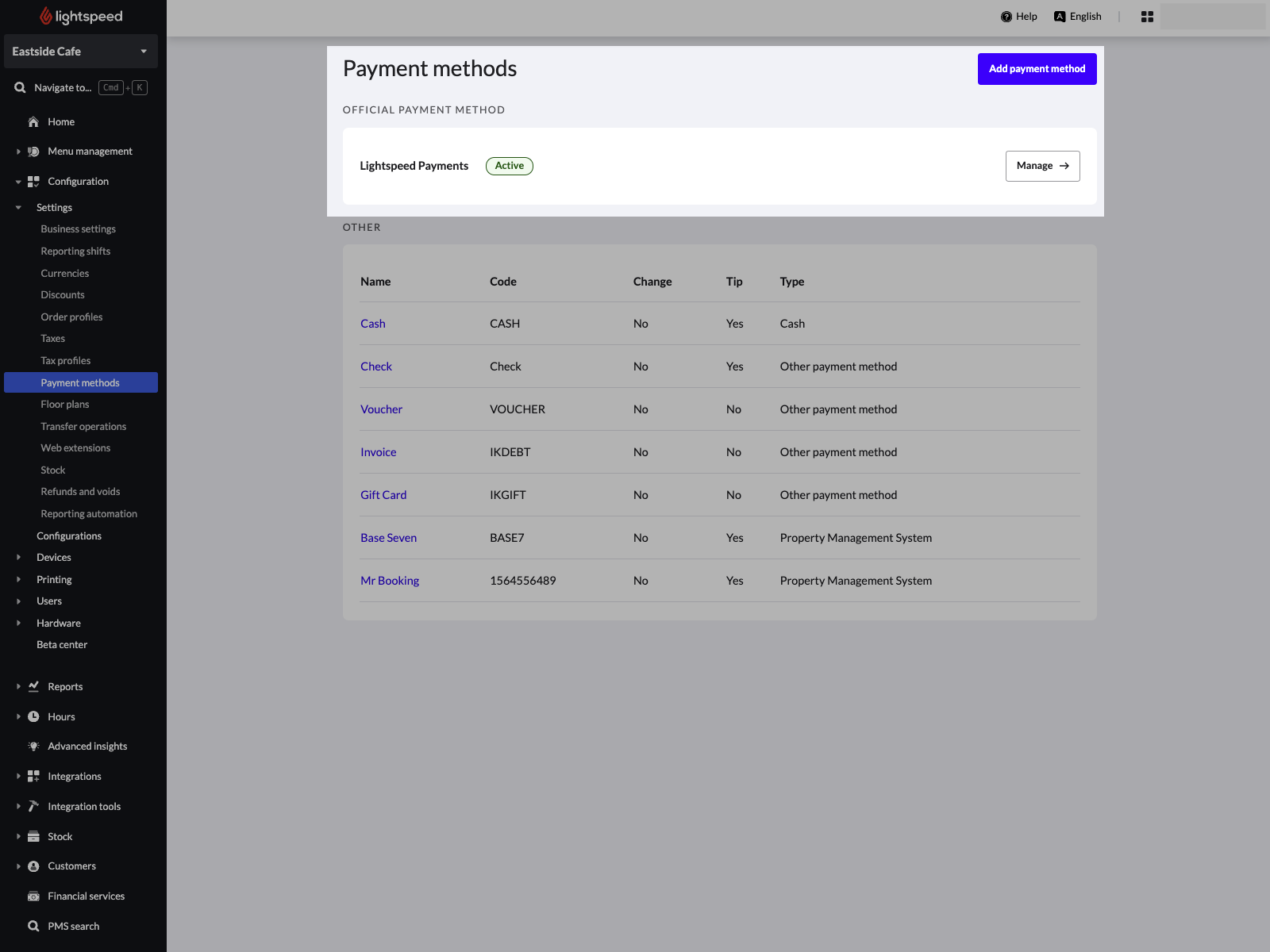 Image displays the Payment Methods home page in Lightspeed Restaurant. The Payment method titled 'Lightspeed Payments' has been highlighted.