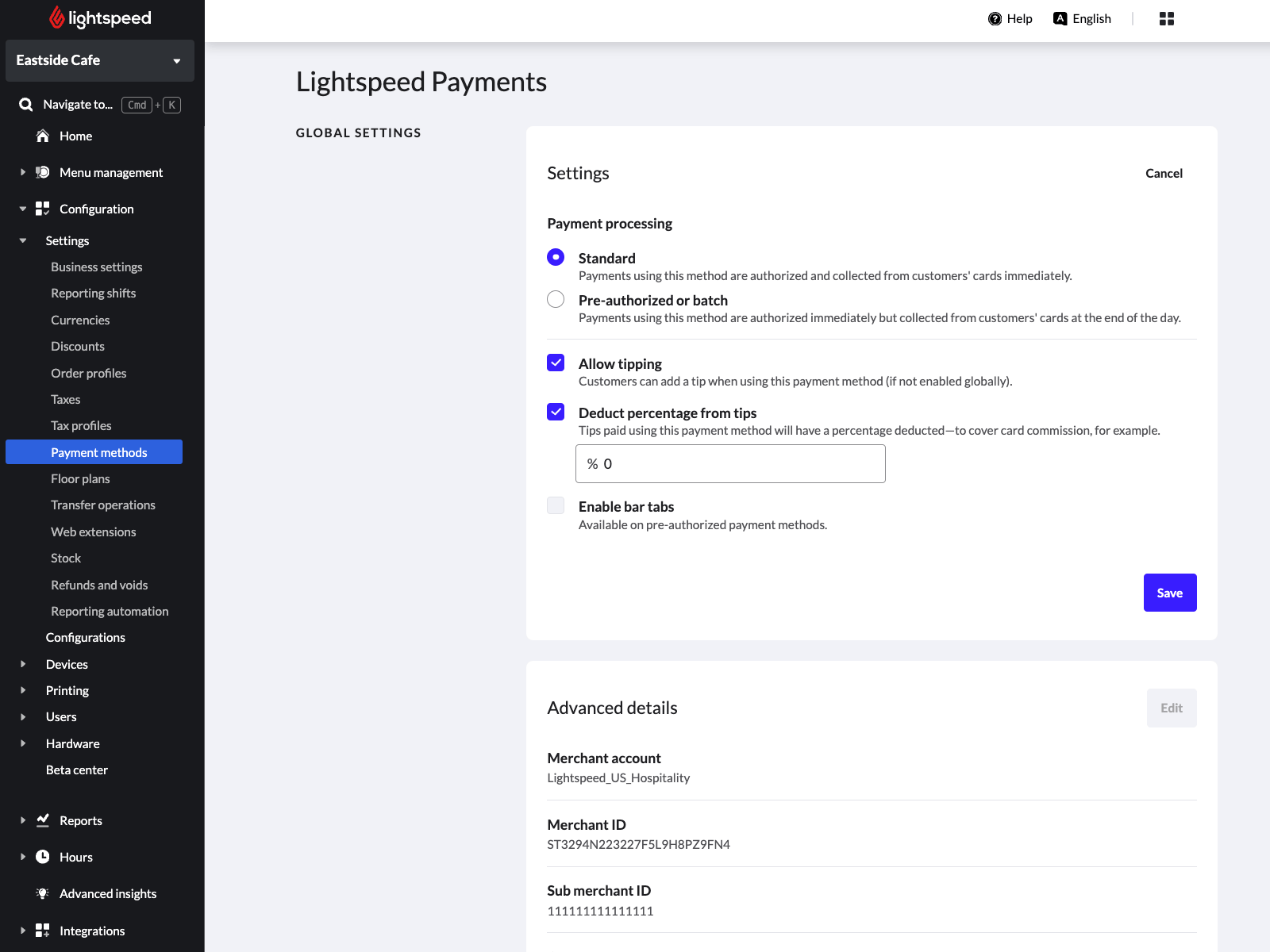 Image displays the Lightspeed Payments method settings page in the Back Office of Lightspeed Restaurant. The global settings for Lightspeed Payments are visible.