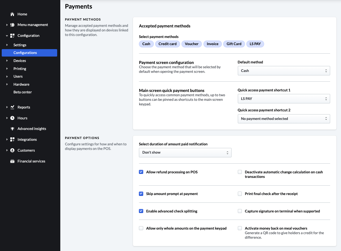 Image shows the POS Configurations details page in Lightspeed Restaurant. The Payment Method titled LS PAY has been highlighted. The top tile, named Payment Methods, shows the accepted payment methods used with this POS configuration. The bottom tile is labeled 'Payment Options' and includes options for refunds, change calculation, and receipts.