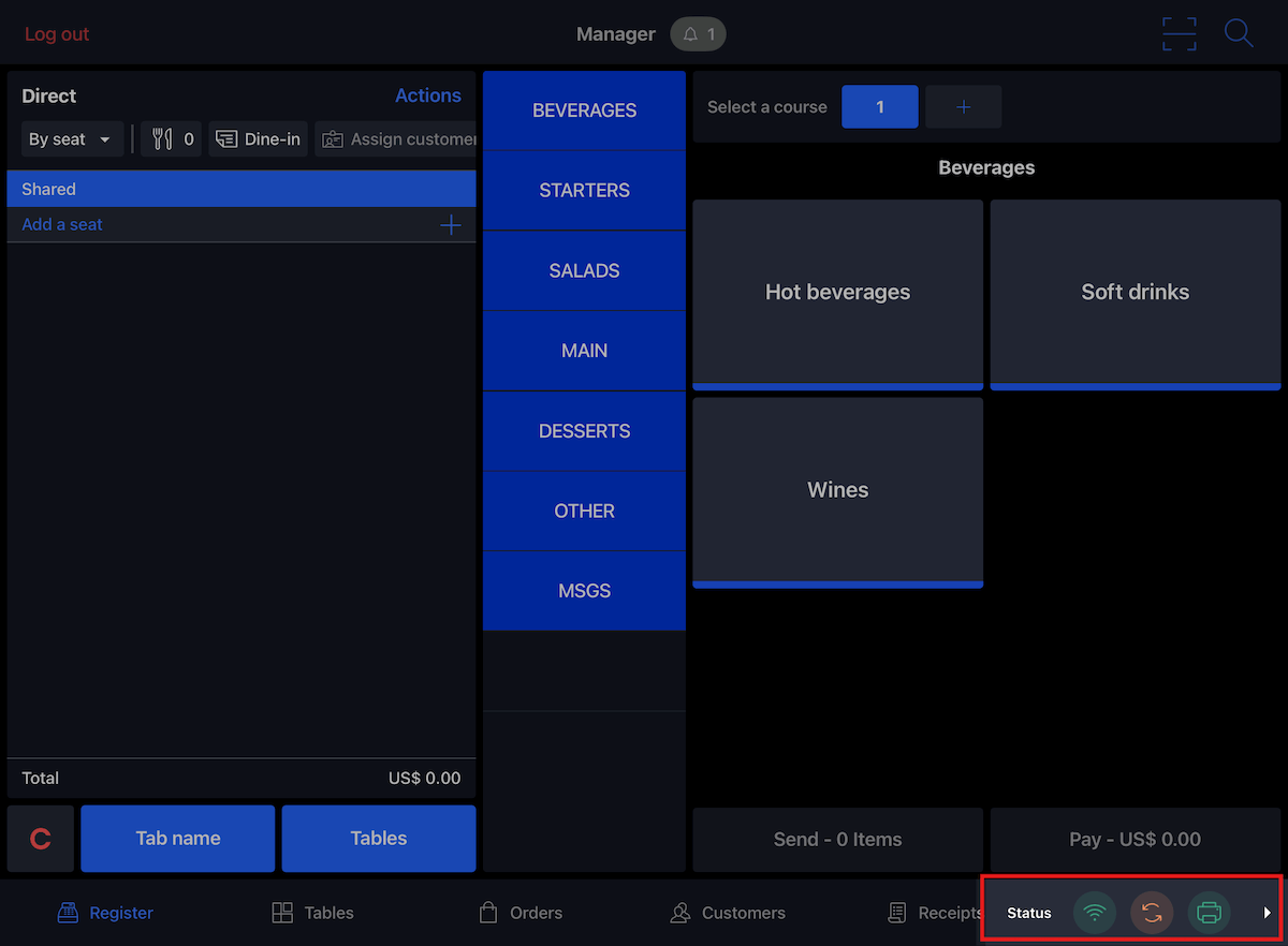 Image displays the Order page in Restaurant POS. The status menu is visible and has been highlighted.